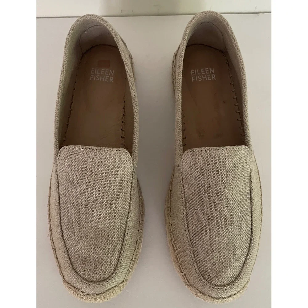 Eileen Fisher Lyla Natural Canvas Espadrille Loafers Beige Slip On Coastal 6.5